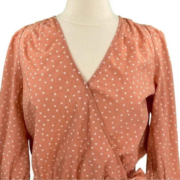 Madewell Peach Star Scatter Cute Boho 3/4 Sleeve Casual Wrap Blouse - Picture 2 of 16